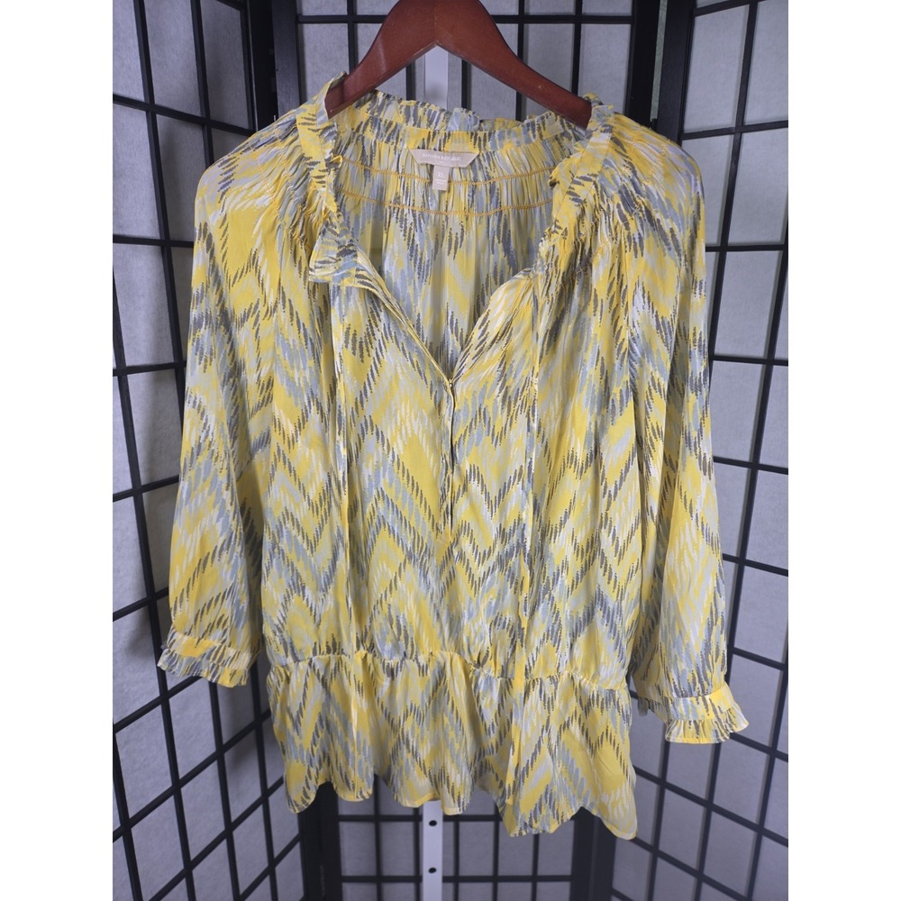 Banana Republic Women's Shirt Top Gray Yellow Print Gathered Accent Size XL